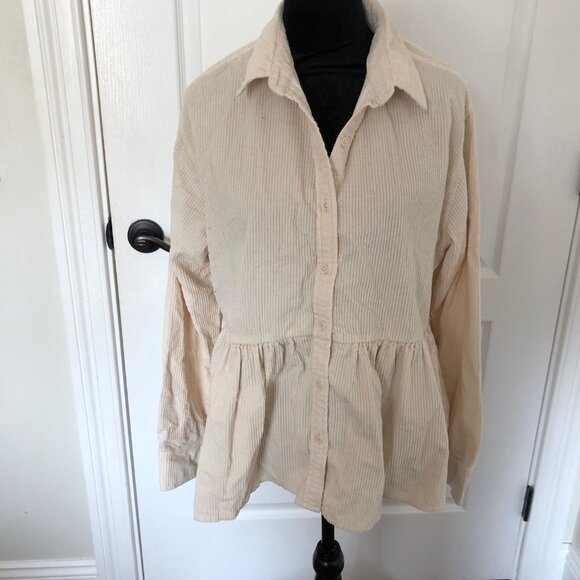 American Eagle‎ Womens Beige Corduroy Button-Up Peplum Shirt Size Small NWT - Picture 2 of 8